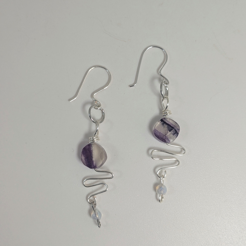 Artisan Fluorite And Moonstone Dangle Drop Earrings, Handcrafted